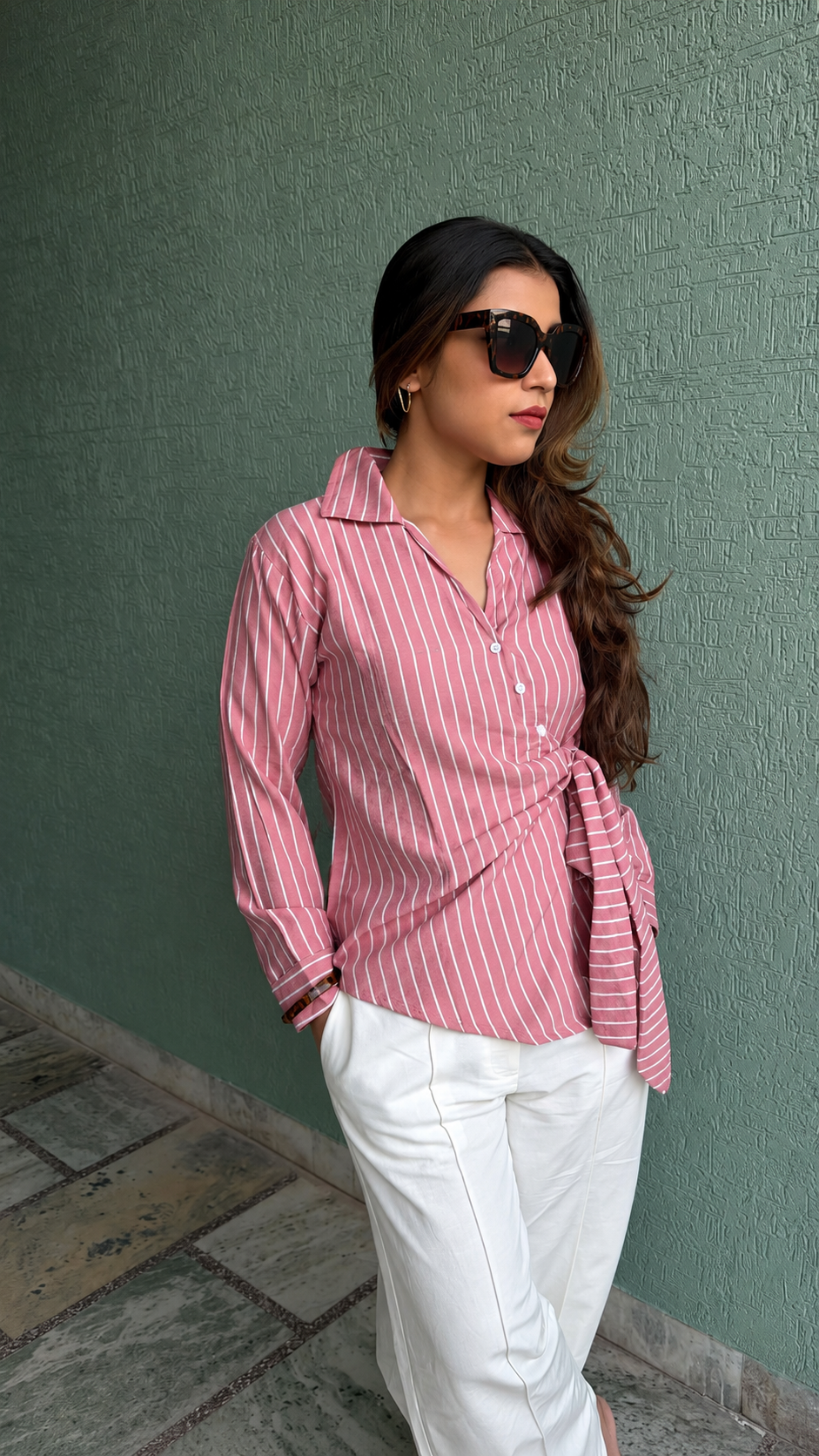 Pink Striped tie-up Shirt